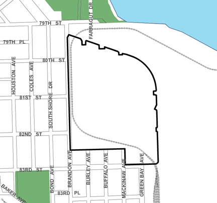 Chicago Lakeside Development (Phase 1) TIF district, roughly bounded on the north and east by U.S. Route 41 (Lake Shore Drive, beginning at 79th Street), 83rd Street on the south, and Brandon Avenue on the west.